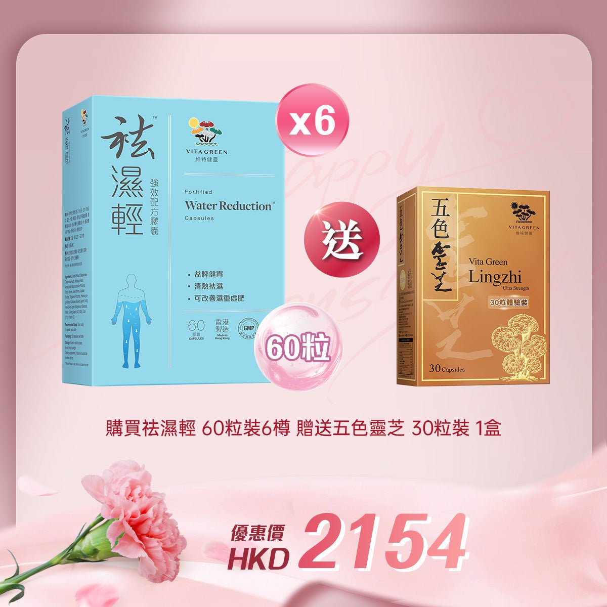 「女神節企劃」 買袪濕輕60粒裝 6樽 送 五色靈芝30粒裝 1盒 - 維特健靈官方海外專賣店 Vita Green Official Global Shop